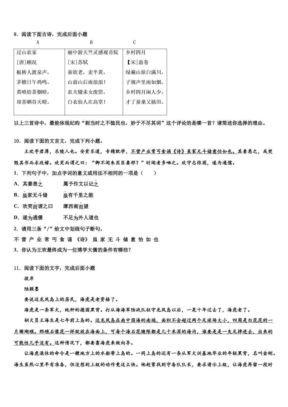 吉林省农安县三宝中学中考一模语文试题含解析_第3页