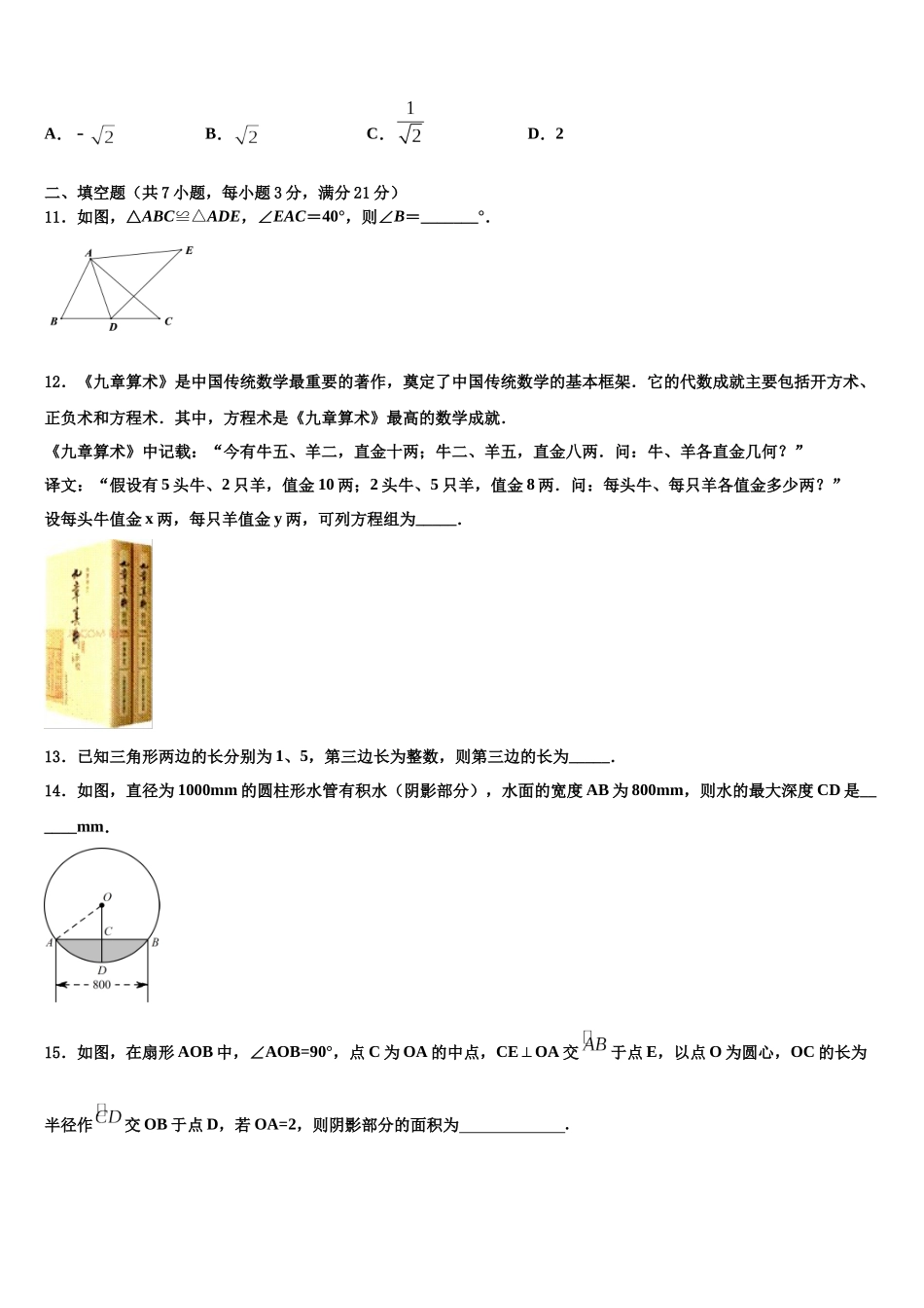 吉林省前郭尔罗斯蒙古族自治县中考数学考试模拟冲刺卷含解析_第3页