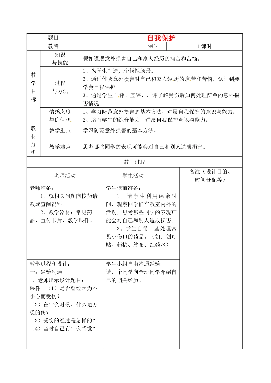吉林省四平市第十七中学八年级劳动与技术-1-自我保护教案_第1页
