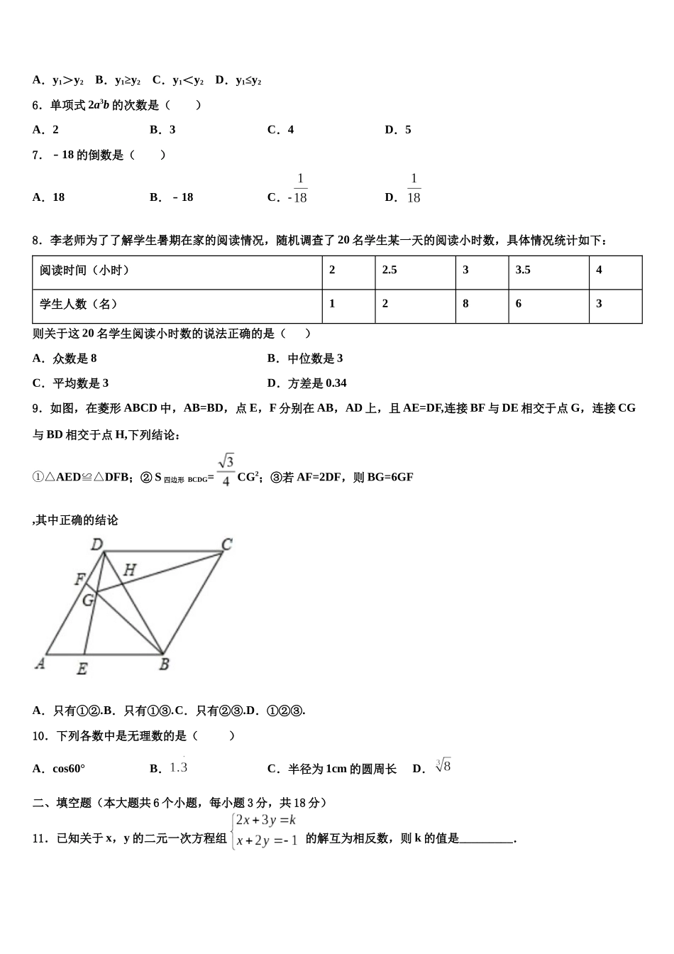 吉林省大安县联考中考数学模拟试题含解析_第2页