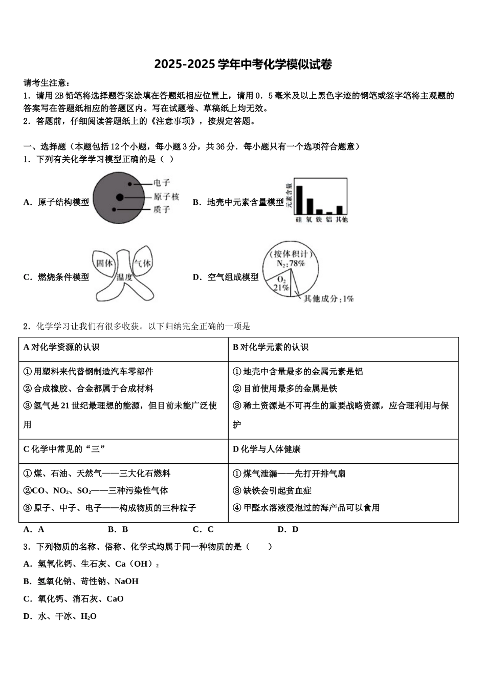吉林省白城市大安市达标名校中考猜题化学试卷含解析_第1页