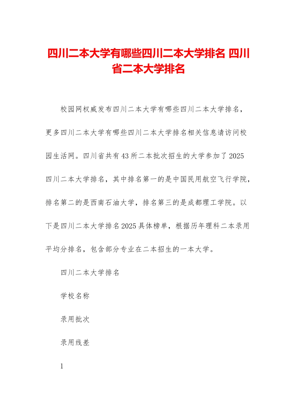 四川二本大学有哪些四川二本大学排名-四川省二本大学排名_第1页