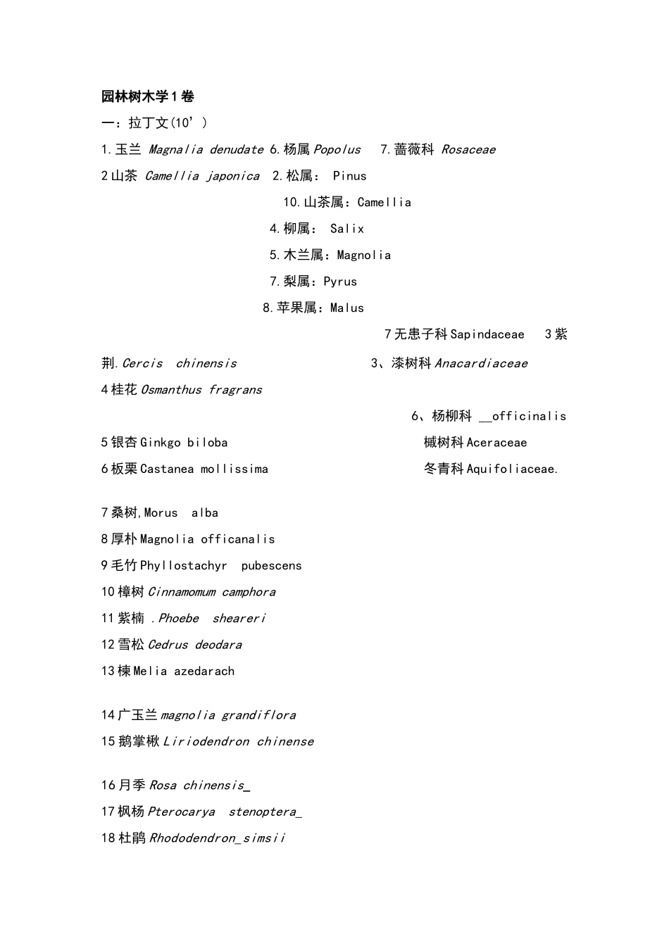 园林树木学复习试题10套及答案_第1页