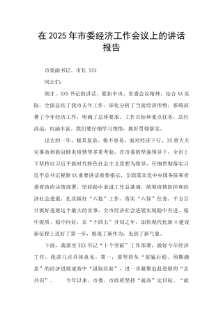 在2025年市委经济工作会议上的讲话报告