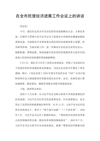 在全市民营经济发展工作会议上的讲话