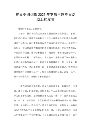 在县委组织部2025年支部主题党日活动上的发言