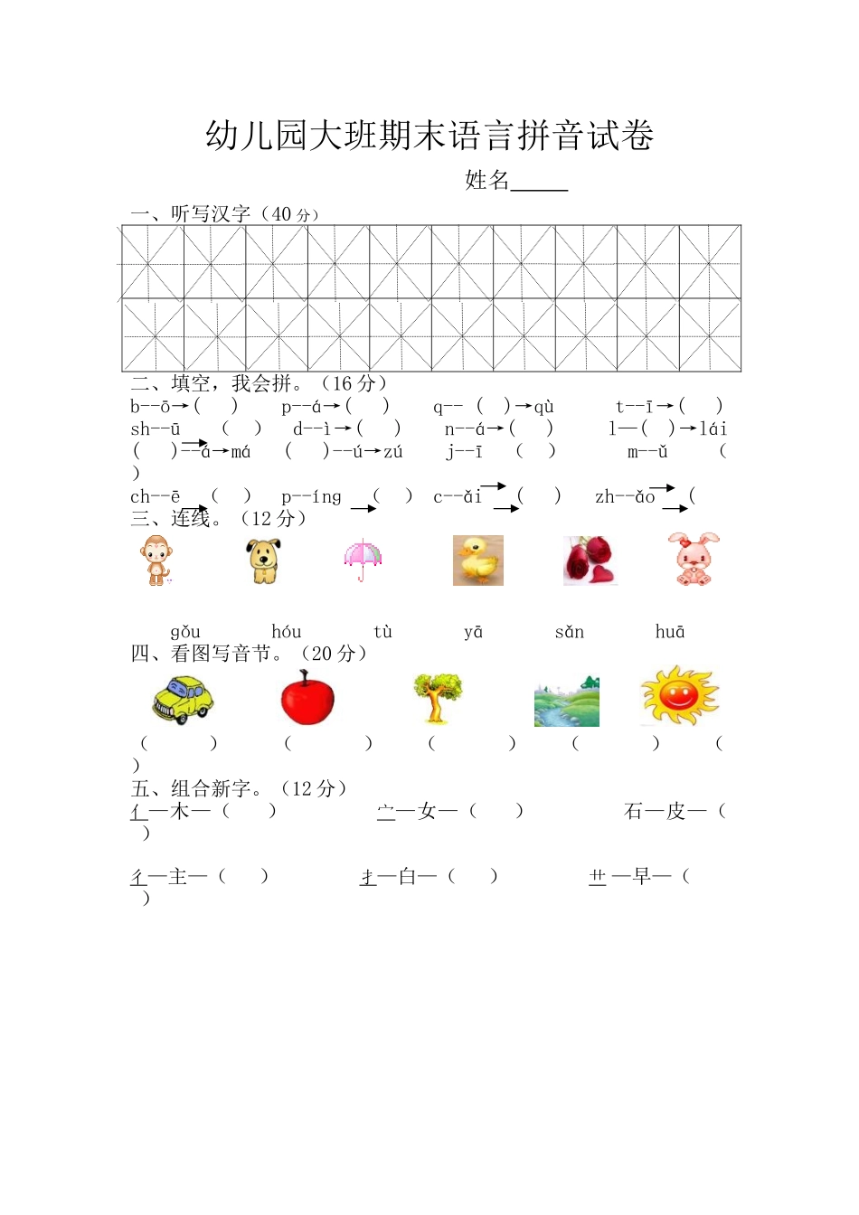大班期末语言拼音试卷_第1页