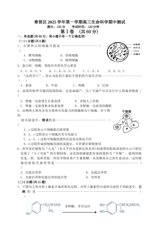 奉贤区2025学年第一学期高三生命科学期中测试