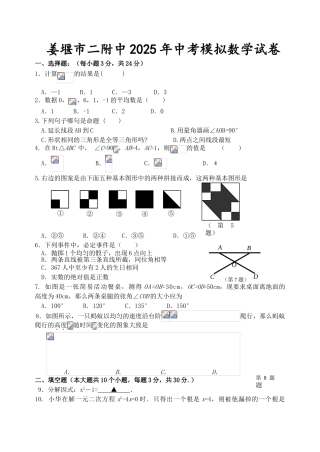 姜堰市二附中中考模拟数学试卷