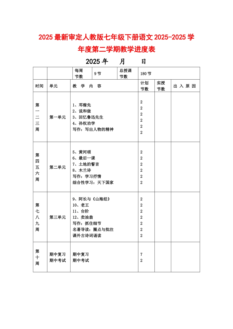 审定人教版七级下册语文学度第二学期教学进度表_第1页