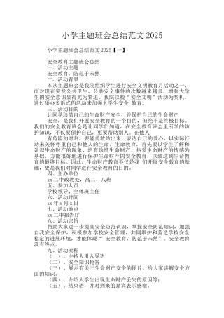 小学主题班会总结范文2025