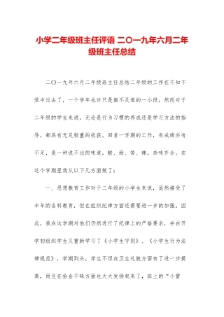 小学二年级班主任评语-二〇一九年六月二年级班主任总结