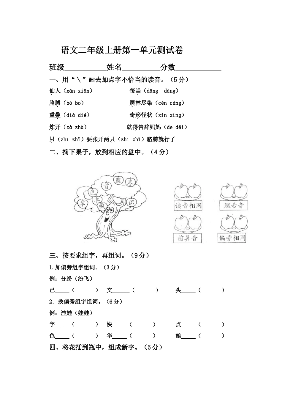 小学二年级语文上册单元测试题-全册)_第1页