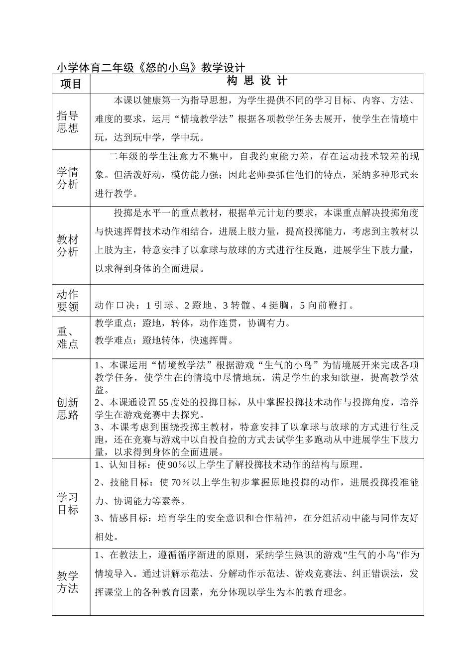 小学体育二年级《怒的小鸟》教学设计_第1页