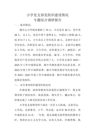 小学党支部党组织建设情况专题综合调研报告