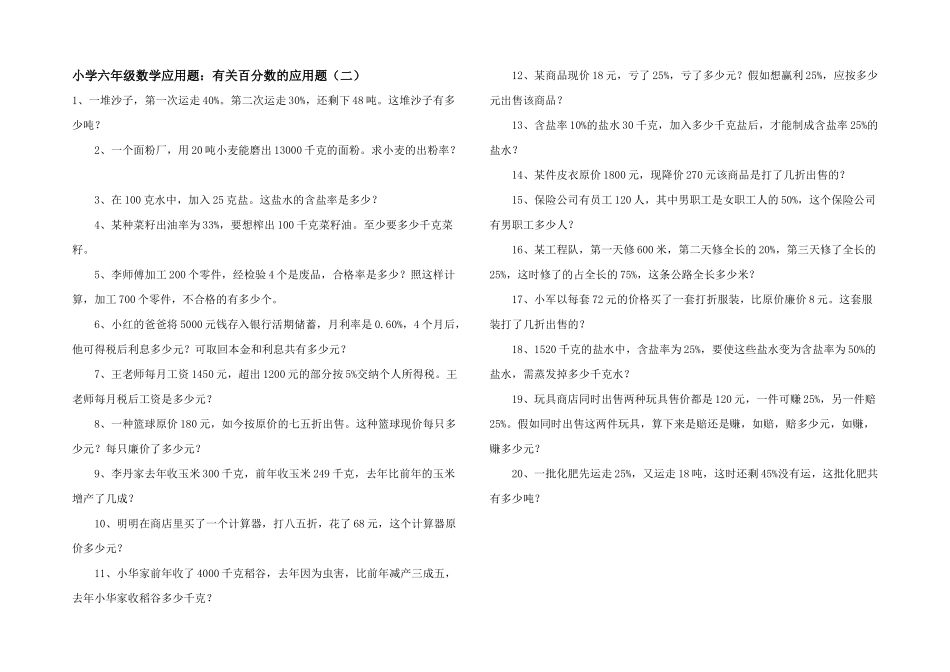 小学六年级数学应用题：有关百分数的应用题_第1页