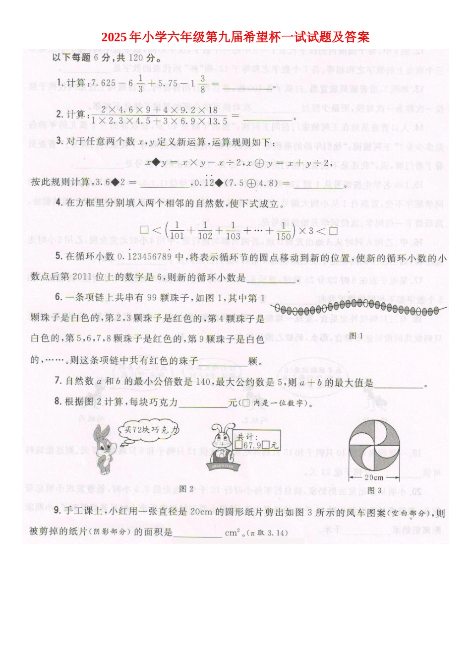 小学六年级第九届希望杯一试试题及答案_第1页