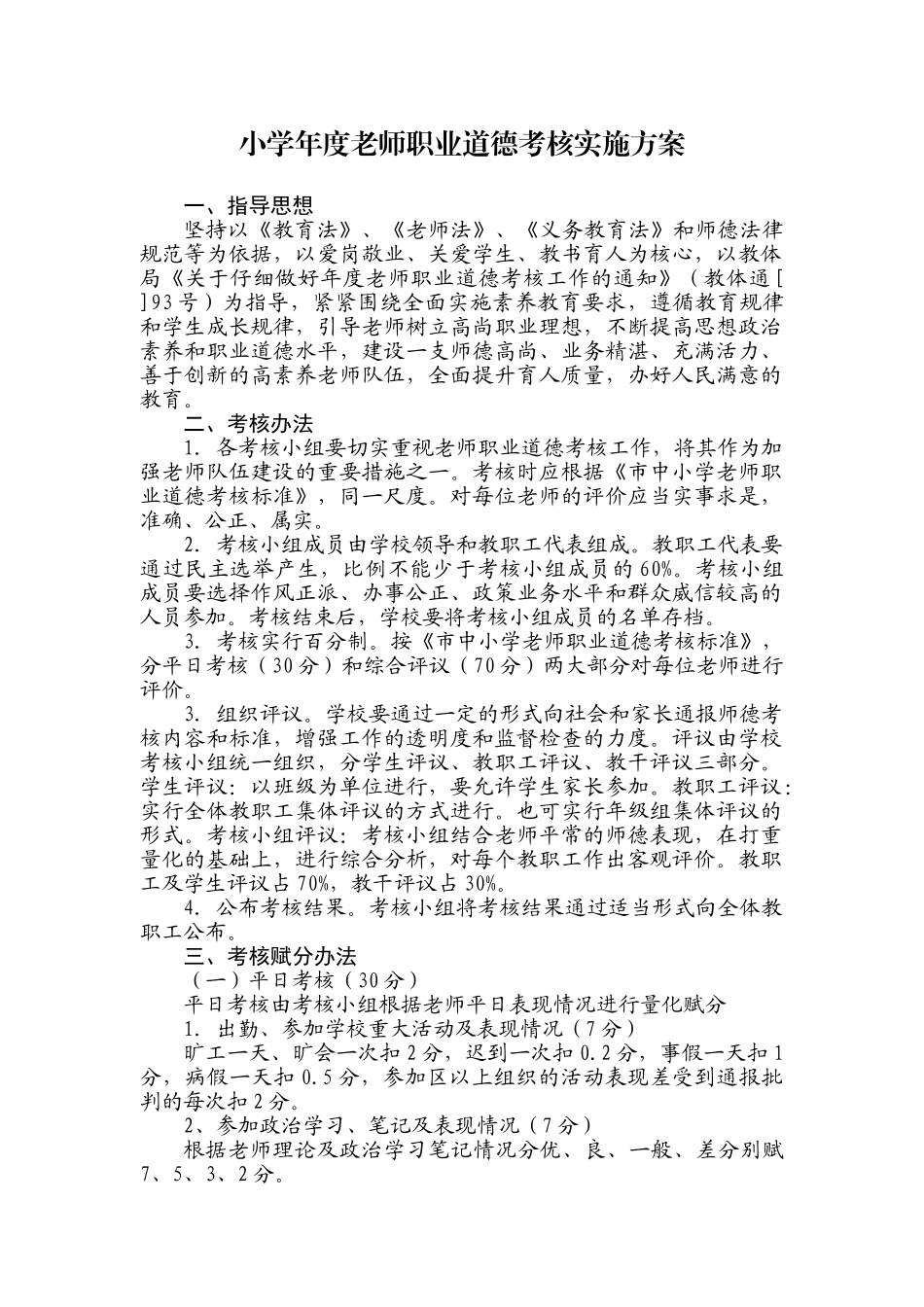 小学年度教师职业道德考核实施方案_第1页