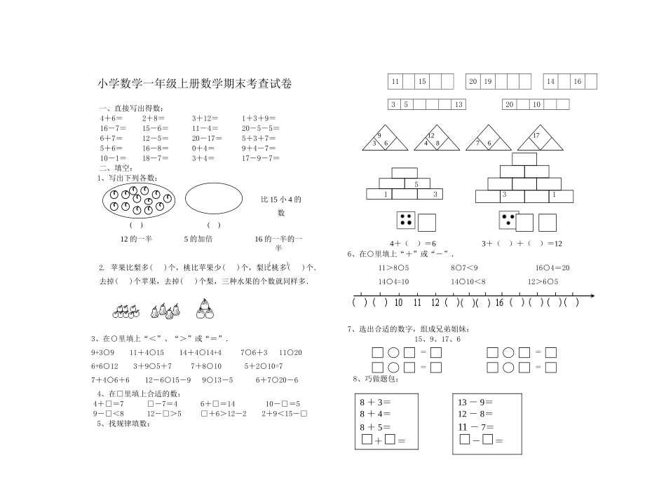 小学数学一年级上册数学期末考查试卷_第1页