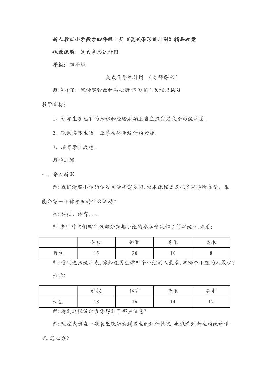 小学数学四年级上册《复式条形统计图》精品教案_第1页