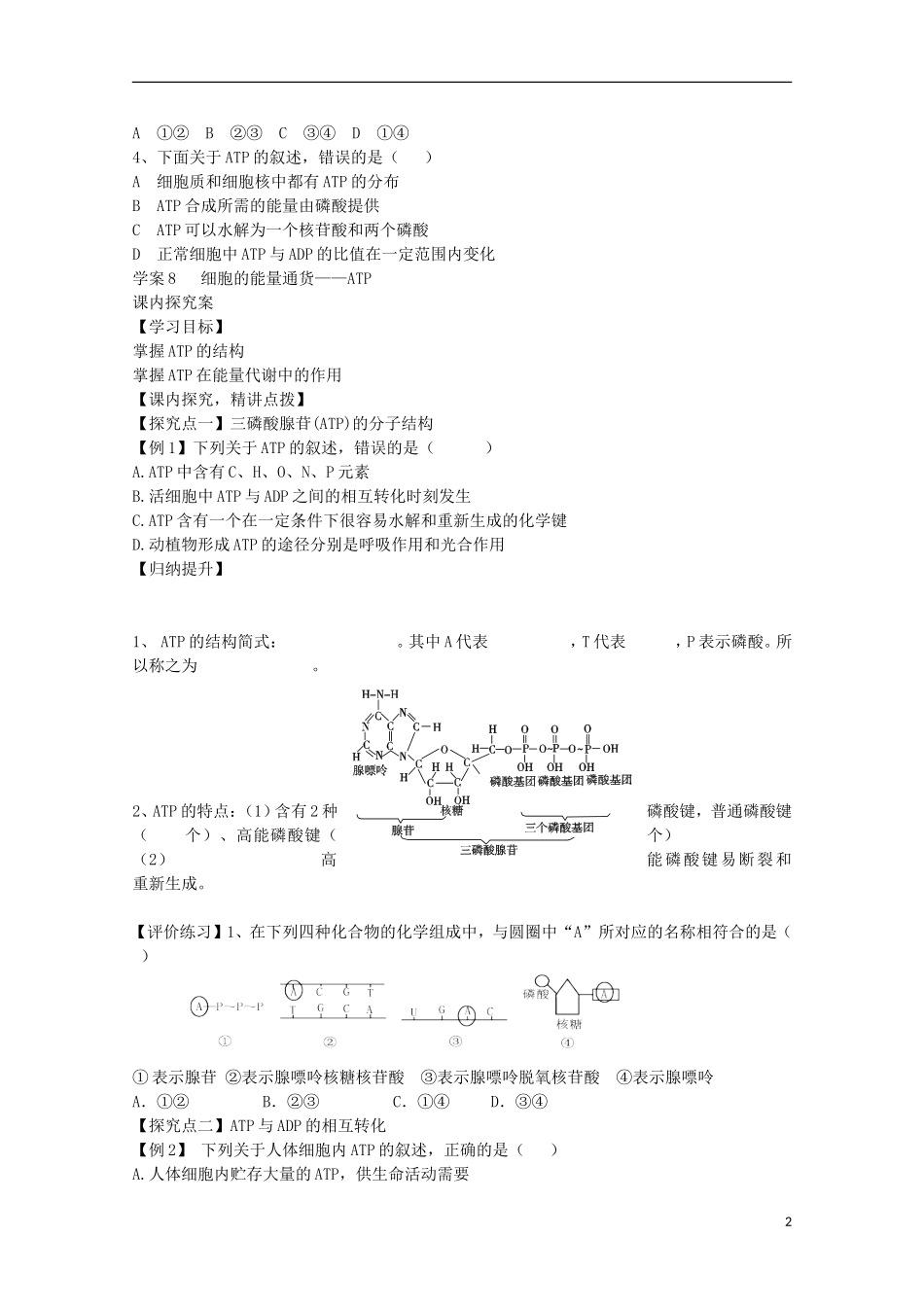 福建省长泰县第二中学2014高考生物 8 细胞的能量通货—ATP学案 新人教版必修1_第2页