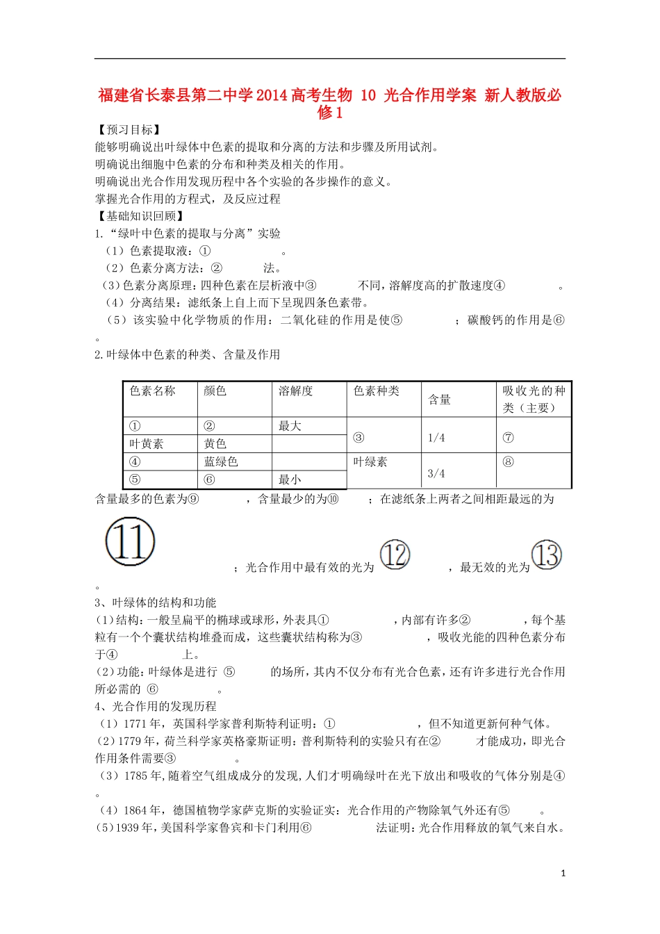 福建省长泰县第二中学2014高考生物 10 光合作用学案 新人教版必修1_第1页