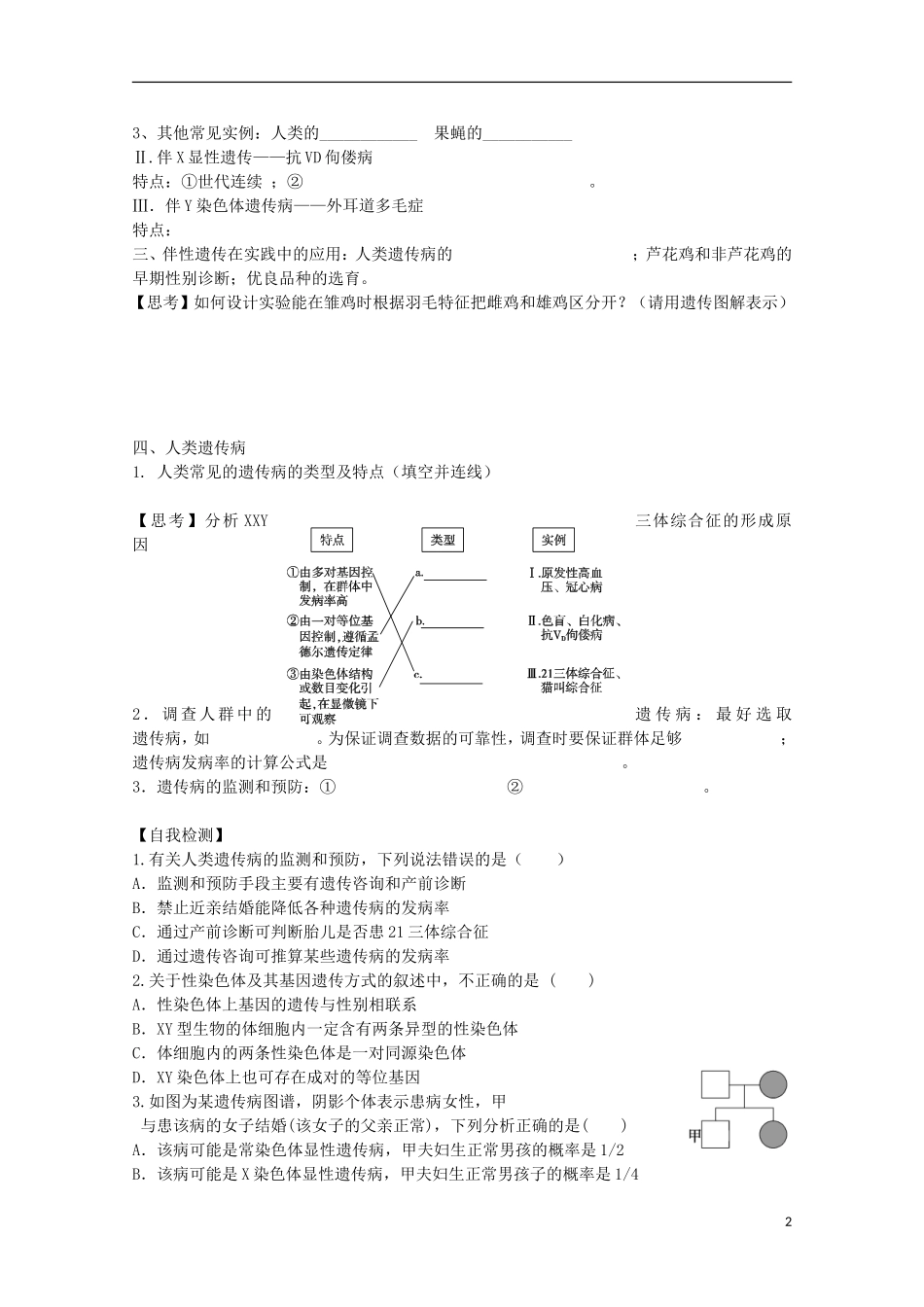 福建省长泰县第二中学2014高考生物 17基因在染色体上 伴性遗传学案 新人教版必修2_第2页