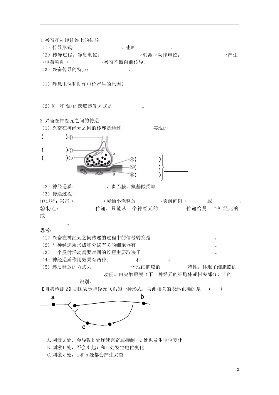 福建省长泰县第二中学2014高考生物 26神经调节学案 新人教版必修3_第2页