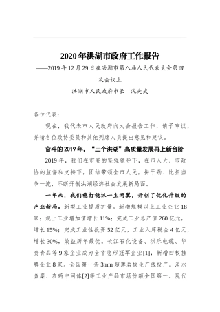 2020年洪湖市政府工作报告