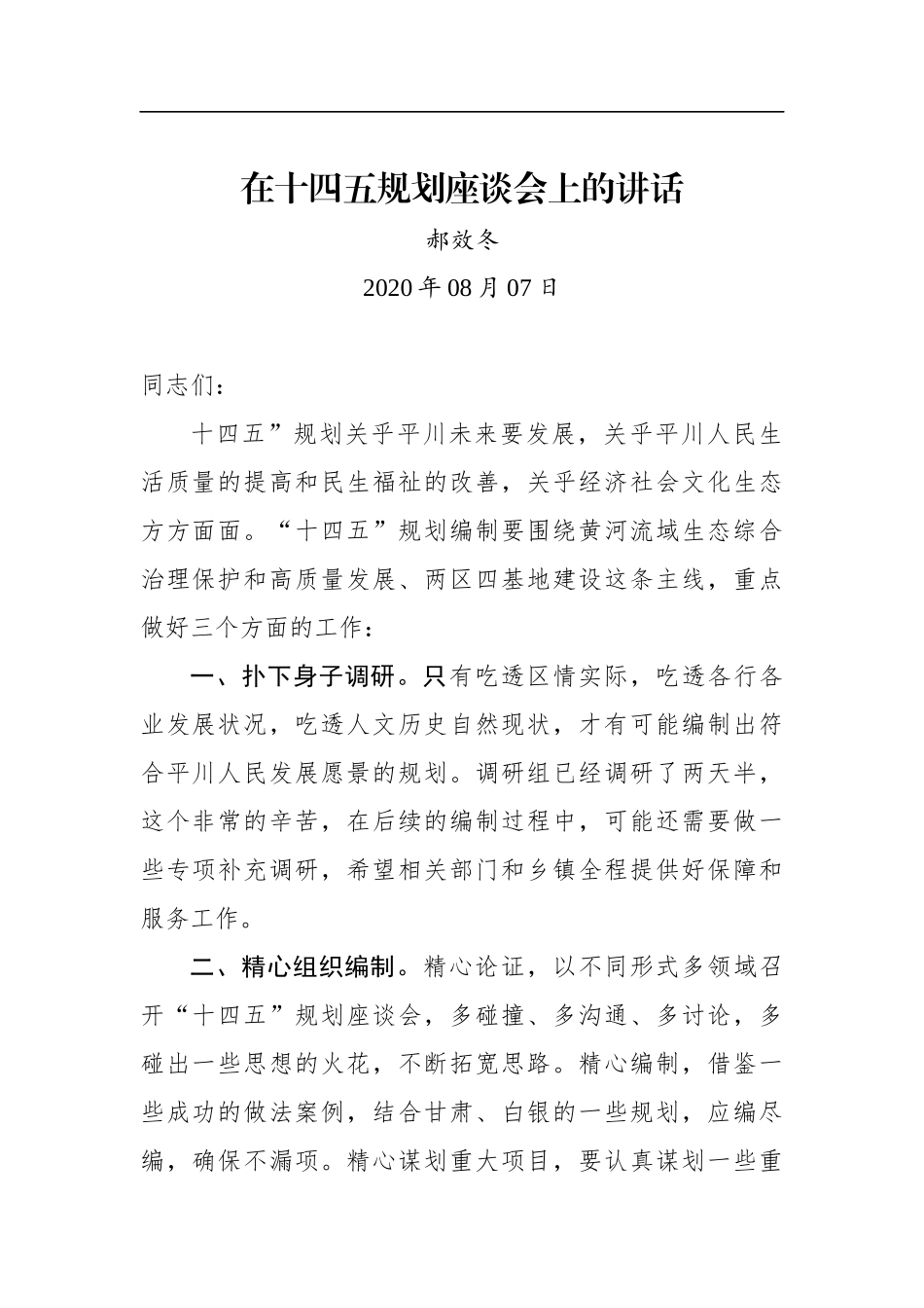 郝效冬：在十四五规划座谈会上的讲话_第1页