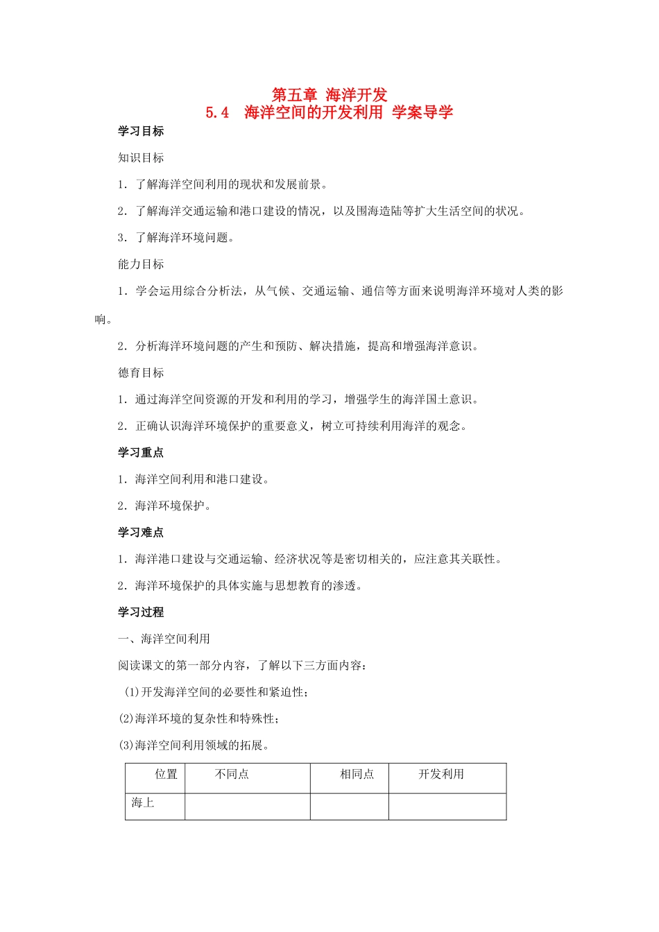 高二地理 5.4《海洋空间的开发利用》导学案 中图版选修2_第1页