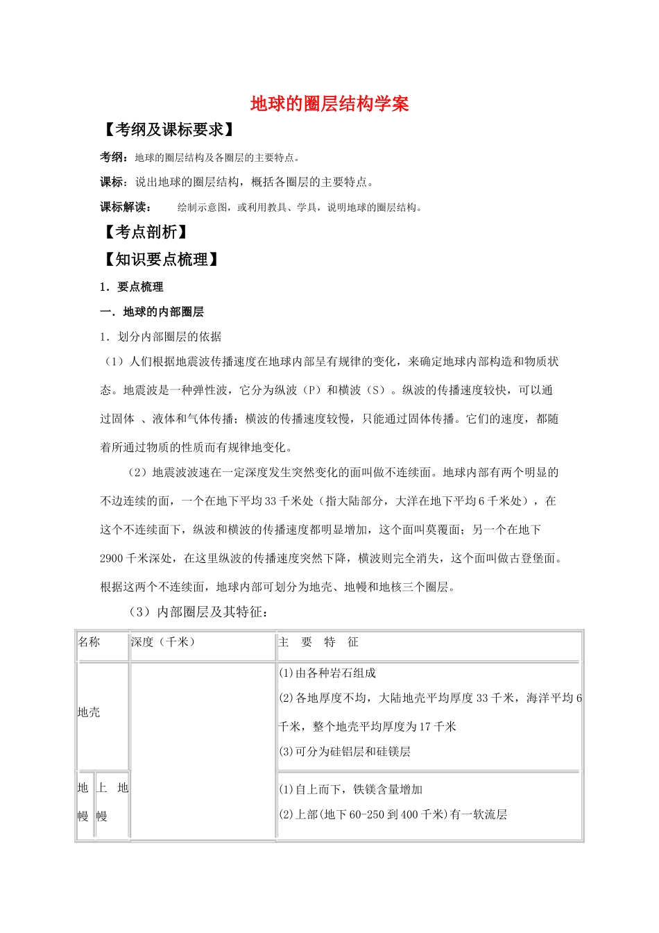 高二地理 地球的圈层结构教学学案 中图版_第1页