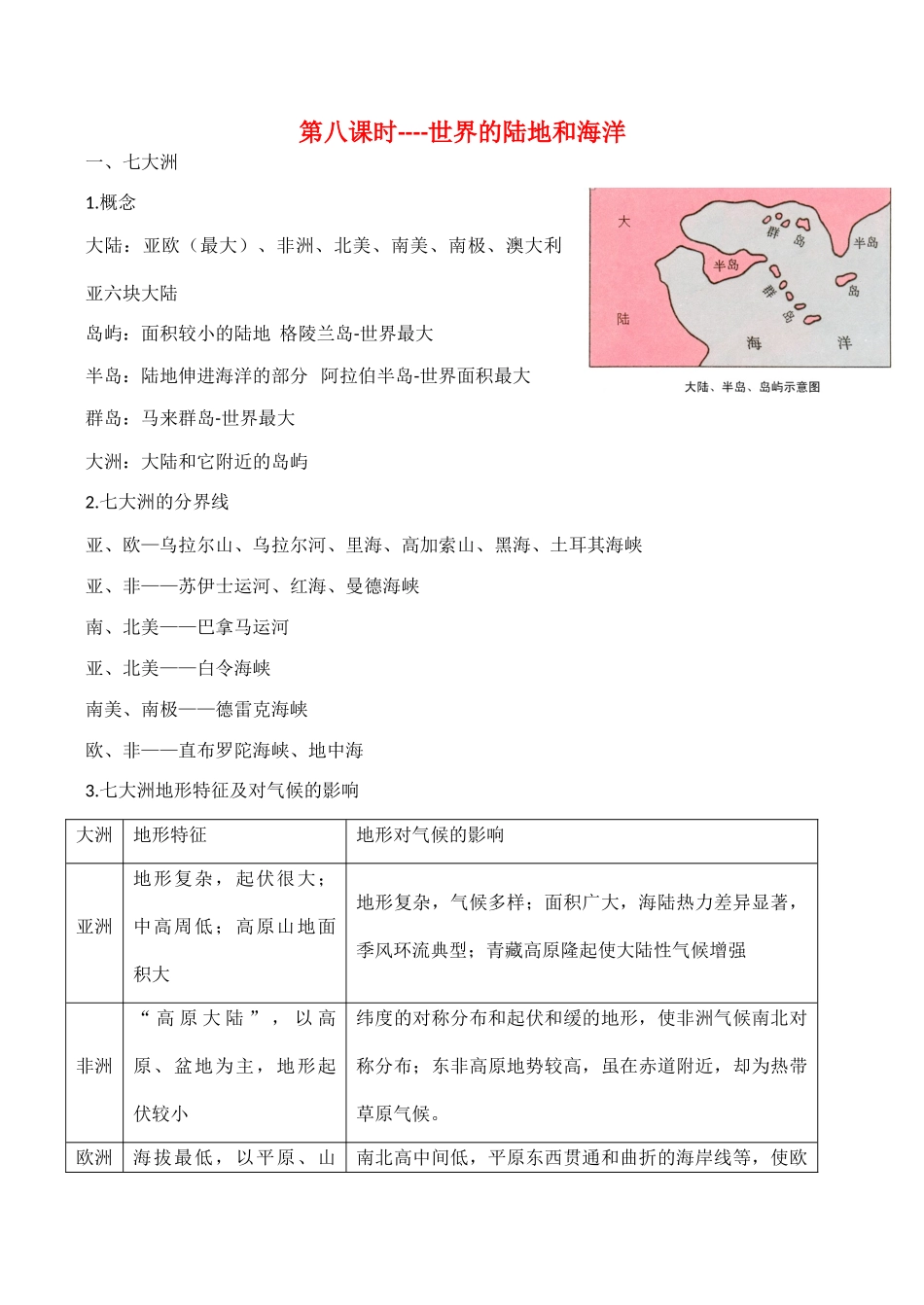高二区域地理基础复习学案 第八课时 世界的陆地和海洋_第1页