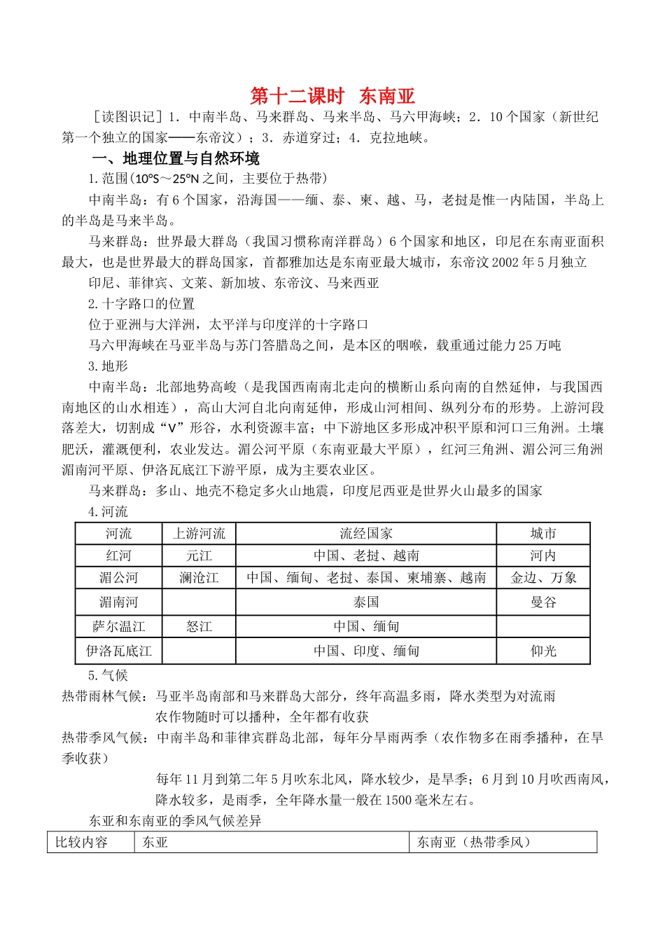 高二区域地理基础复习学案 第十二课时 东南亚_第1页