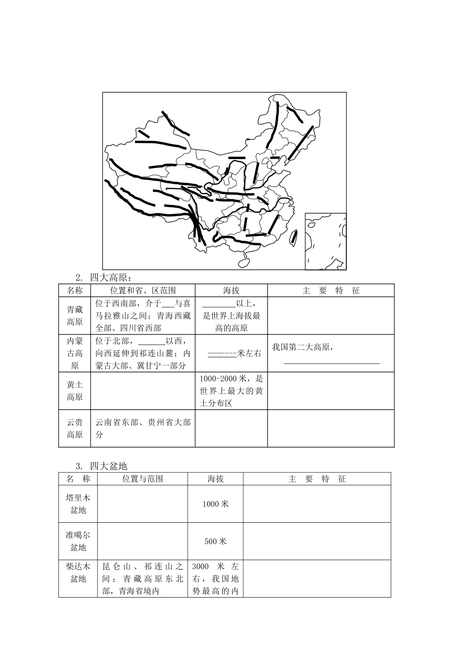 高二地理复习学案：中国的山脉、高原和盆地_第3页
