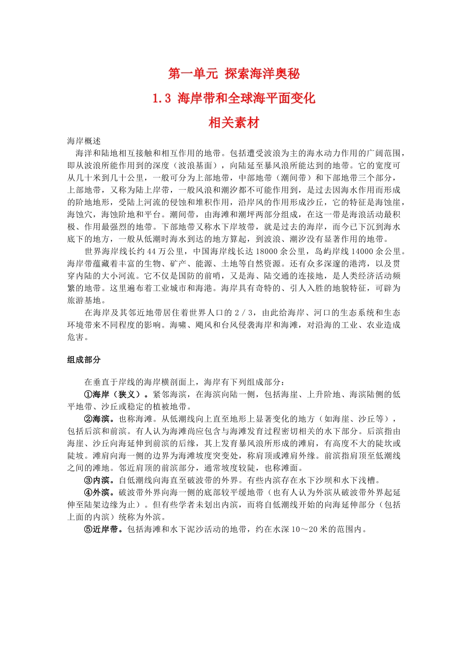 高二地理：1.3《海岸带和全球海平面变化》素材 鲁教版选修1_第1页