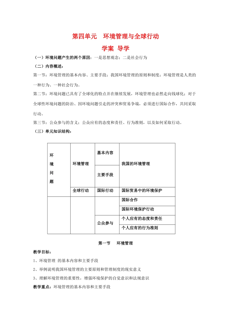 高二地理：第四单元《环境管理与全球行动》学案 鲁教版选修6_第1页
