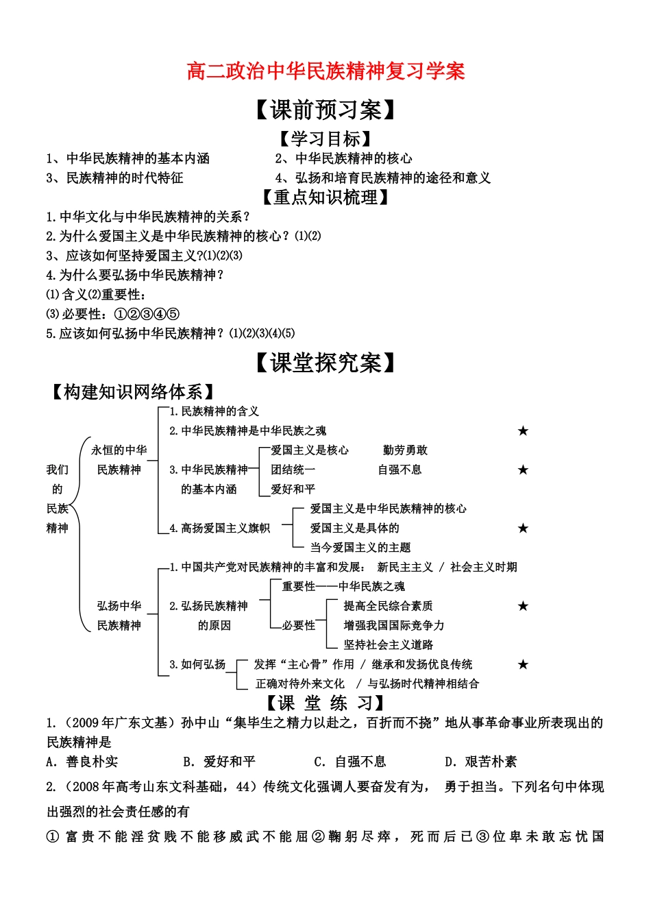 高二政治中华民族精神复 习学案新人教版必修3_第1页