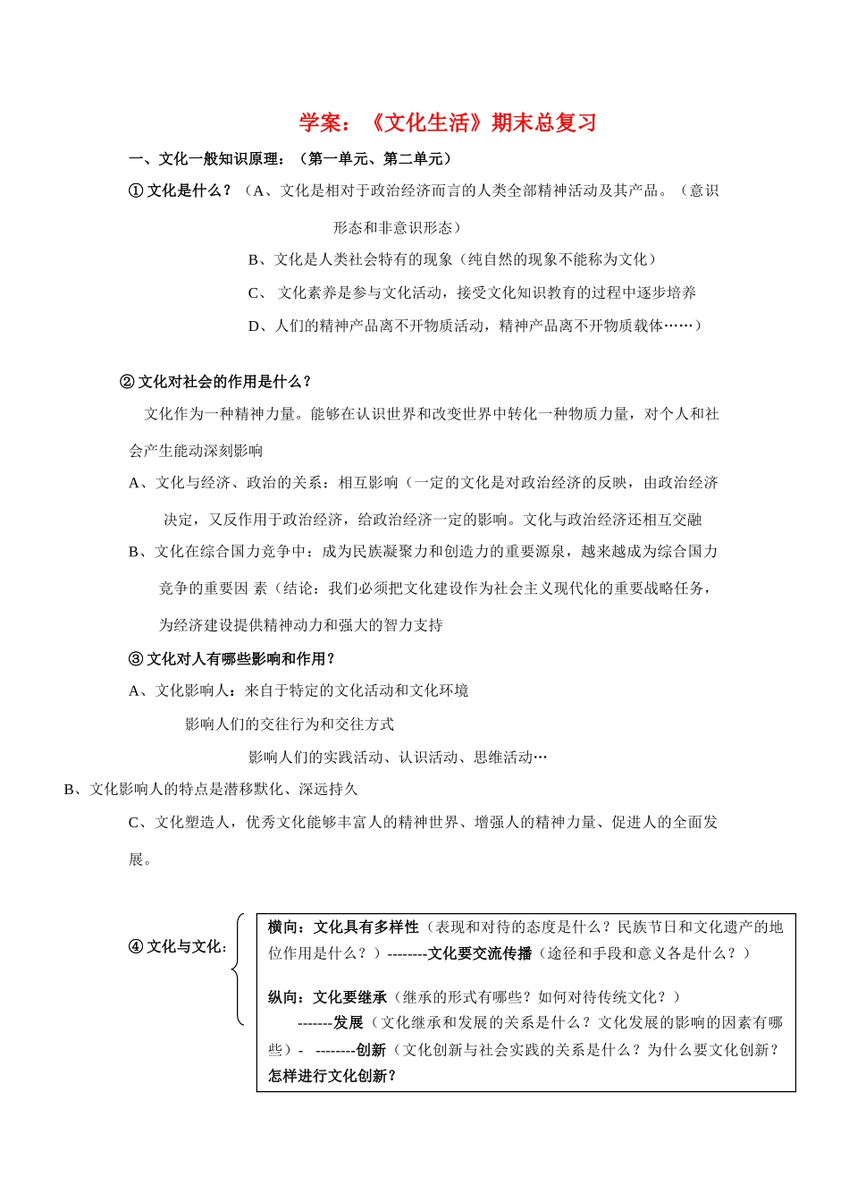 高二政治 《文化生活》复习学案 新人教版_第1页