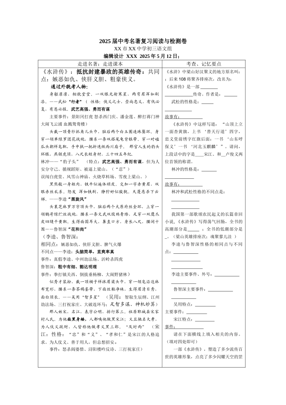 届中考名着复习阅读与检测卷_第1页