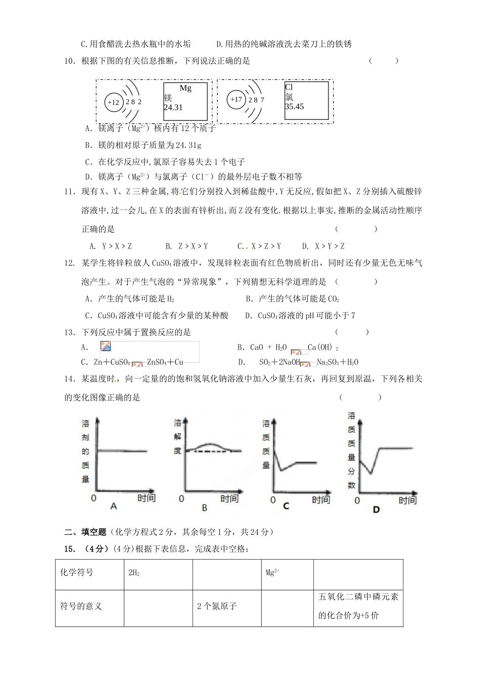 山东省泰安市2025届九年级化学3月质量调研试题-新人教版_第2页
