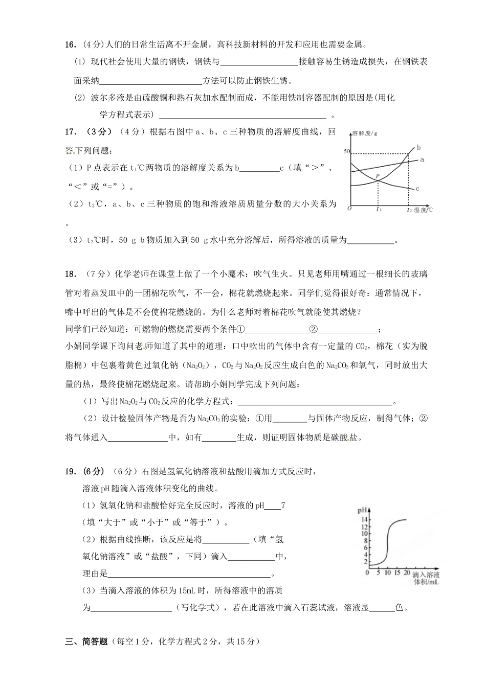 山东省泰安市2025届九年级化学3月质量调研试题-新人教版_第3页