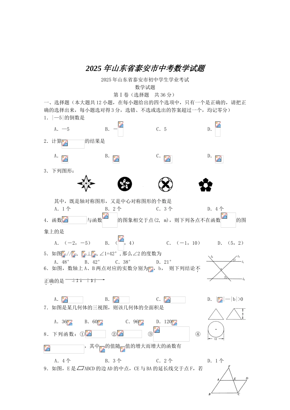 山东省泰安市中考数学试题与答案_第1页