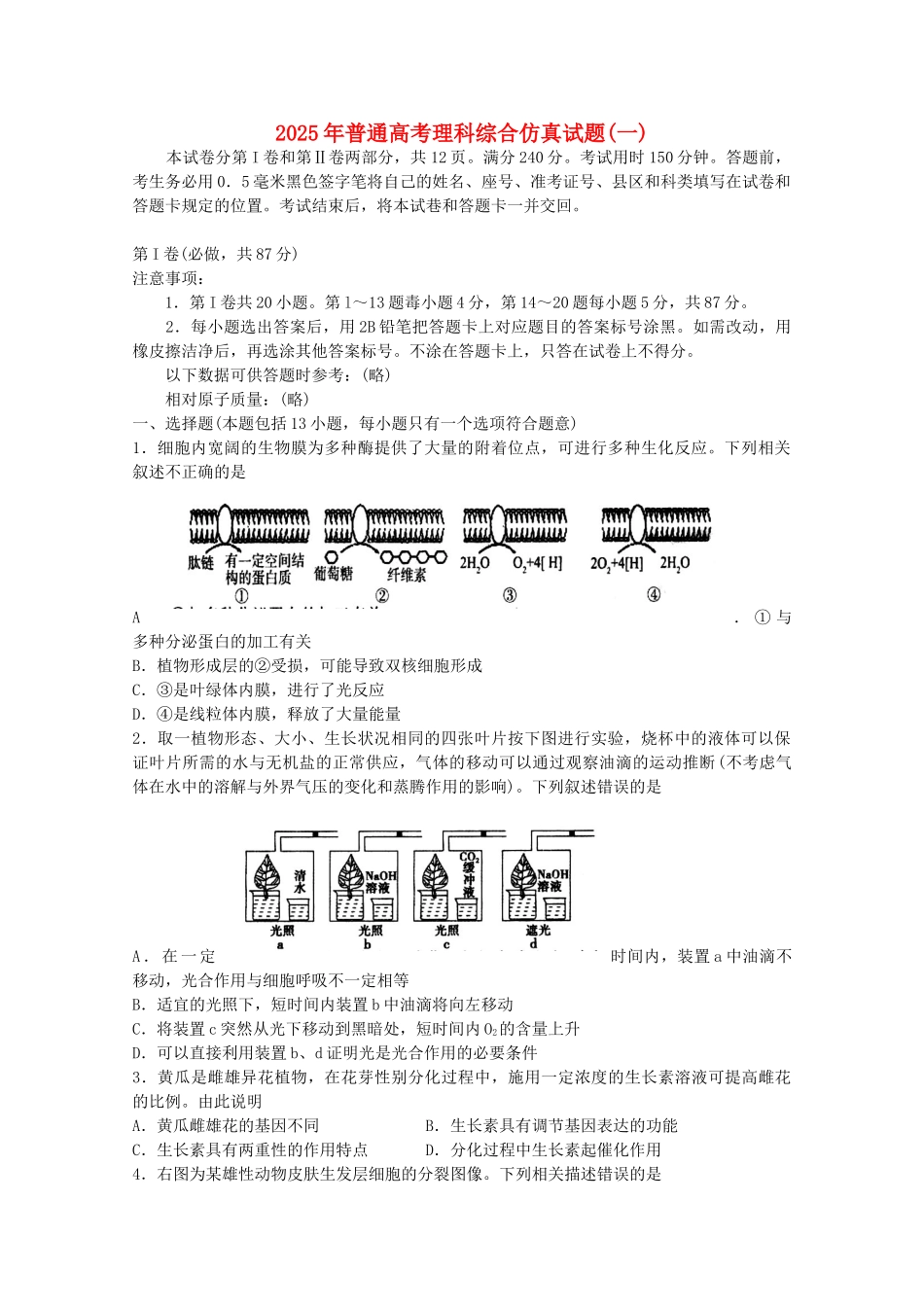 山东省潍坊市教研室2025届高考理综仿真试题新人教版_第1页