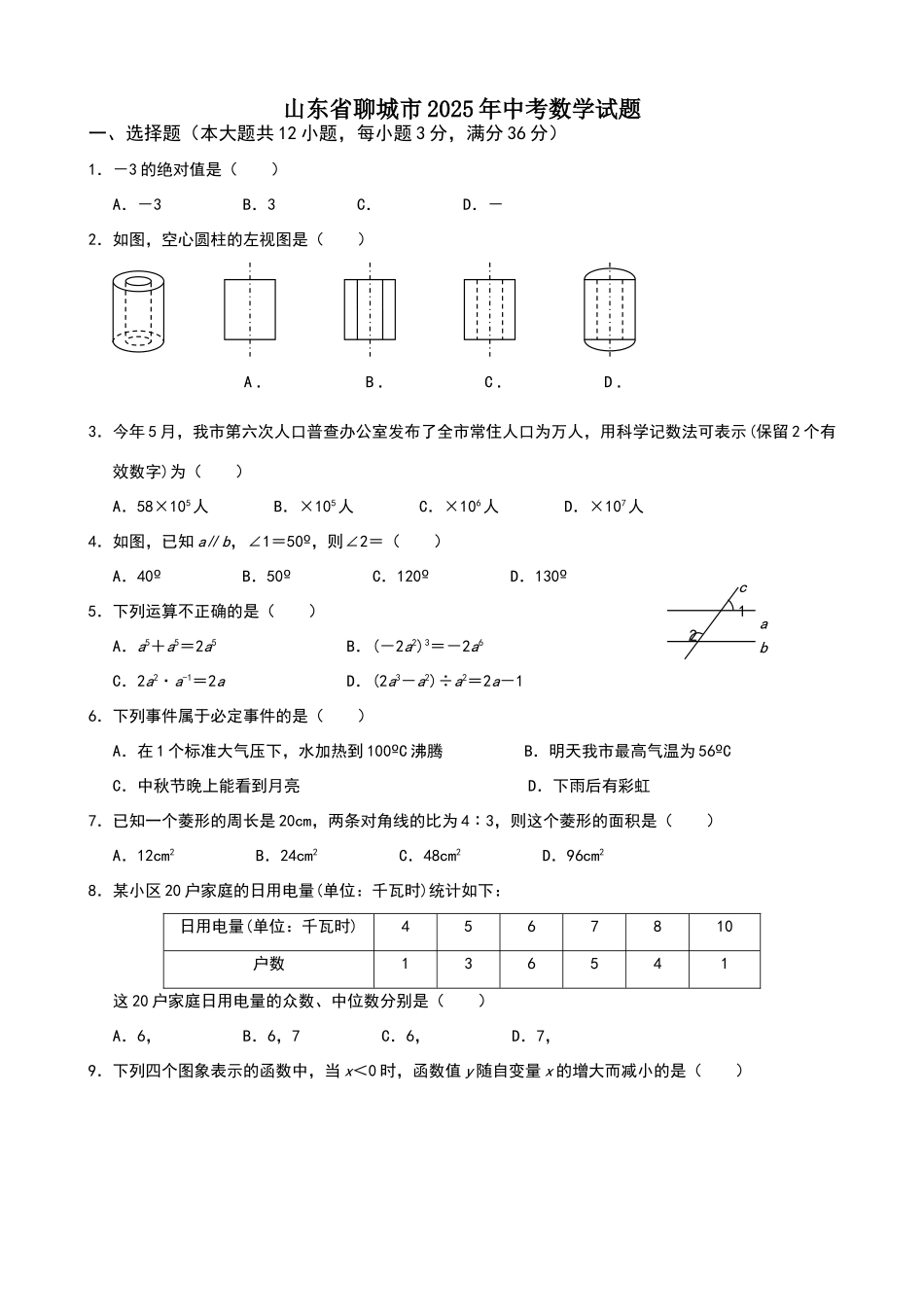 山东聊城中考数学模拟试卷及答案_第1页