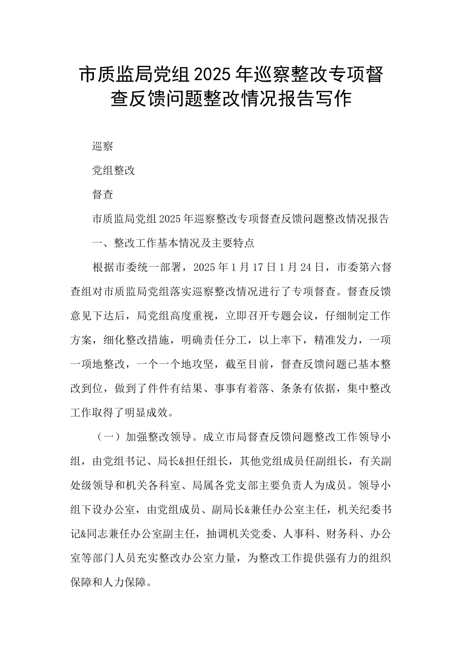 市质监局党组2025年巡察整改专项督查反馈问题整改情况报告写作_第1页