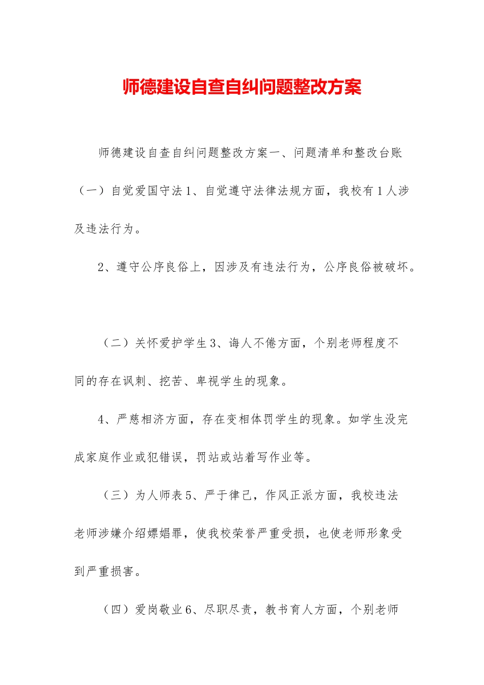 师德建设自查自纠问题整改方案_第1页