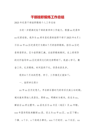 干部挂职锻炼工作总结