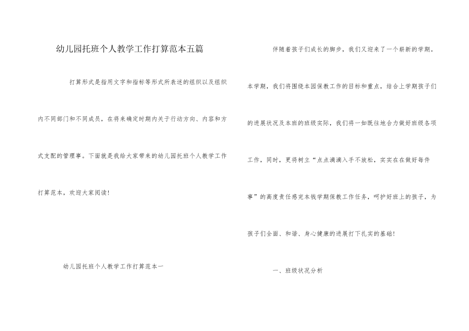 幼儿园托班个人教学工作计划范本五篇_第1页