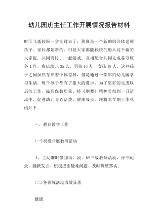 幼儿园班主任工作开展情况报告材料